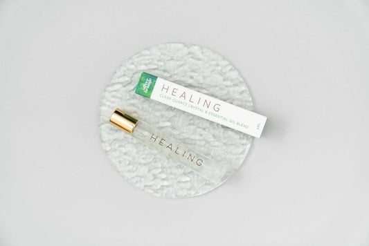 Healing Roller bottle on textured glass plate