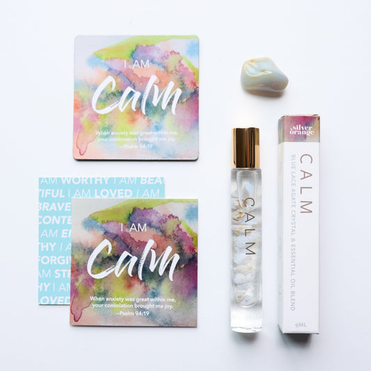 Product set with 'Calm' branding on a white background
