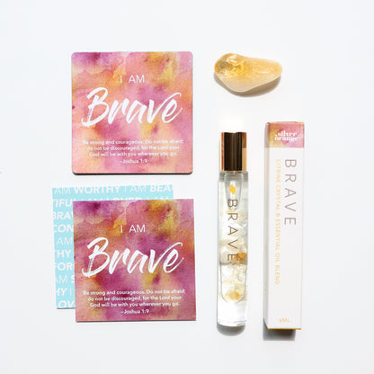 Product set with 'I AM Brave' cards and a rollerball on a white background
