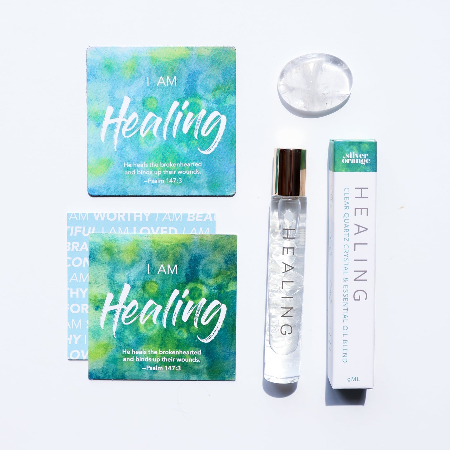 Healing product set with 'I AM Healing' packaging on a white background