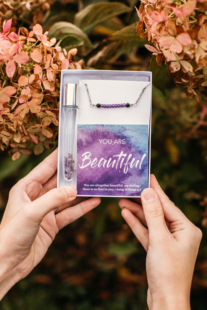 You are Beautiful - Amethyst Crystal Roller bottle & Necklace set